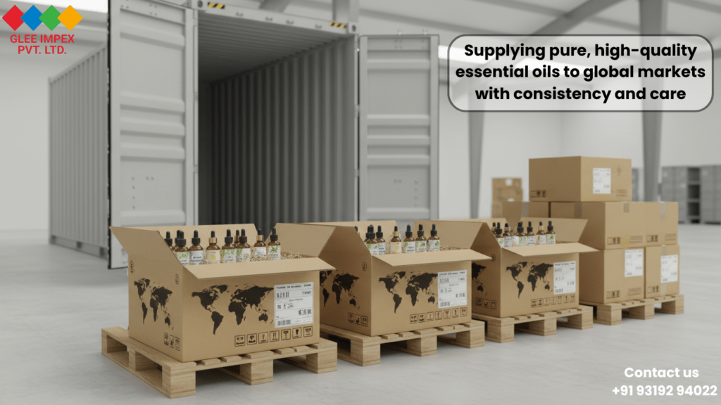 Pallets of export-ready boxes with a world map design, prepared by Glee Impex Pvt. Ltd., an Essential oil exporter, positioned in front of a shipping container to highlight global consistency and care.