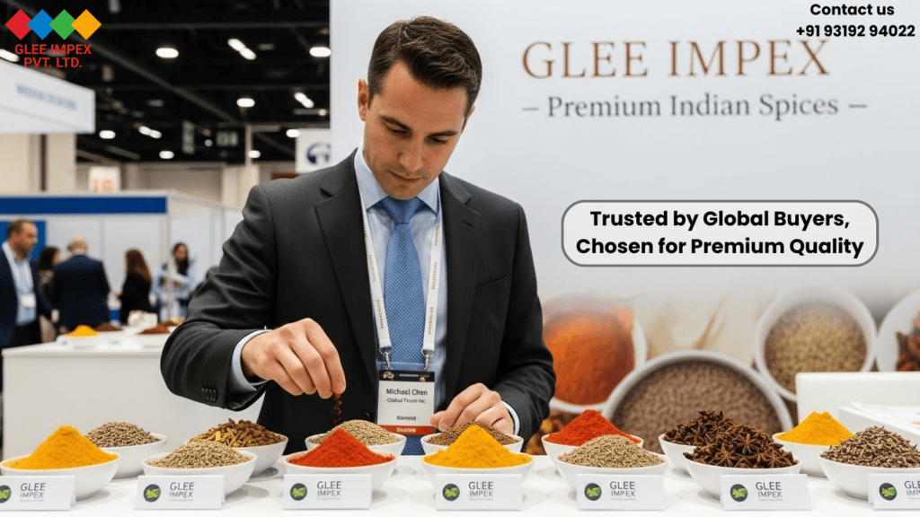 A professional buyer inspecting bowls of premium ground spices at a Glee Impex exhibition booth, highlighting our reputation as a trusted Organic spices exporter.