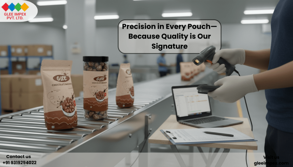 High-tech quality assurance and scanning process at Glee Impex, ensuring precision in every pouch sent by the Chocolate Makhana Exporter.