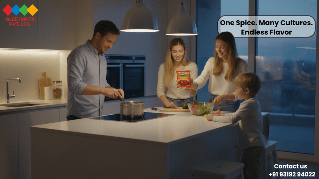 A happy family cooking a meal together in a modern kitchen while holding a Glee Impex packet, showing how a chili powder exporter brings flavor to many cultures.