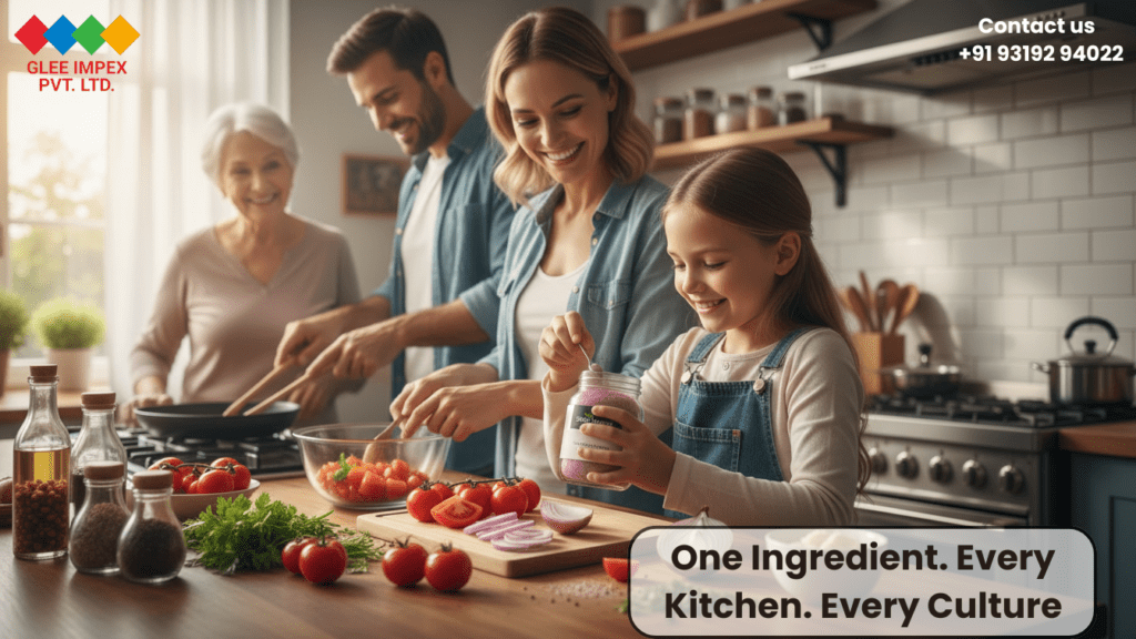 A happy family using premium Red Onion Powder in their home kitchen, sourced from a reliable Onion Powder exporter.