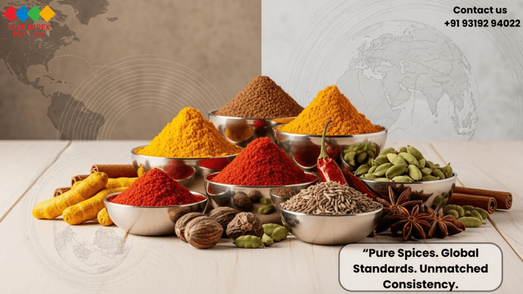 A collection of stainless steel bowls filled with colorful ground spices and whole ingredients like nutmeg and cinnamon, showcasing the consistency of Glee Impex as an Organic spices exporter.