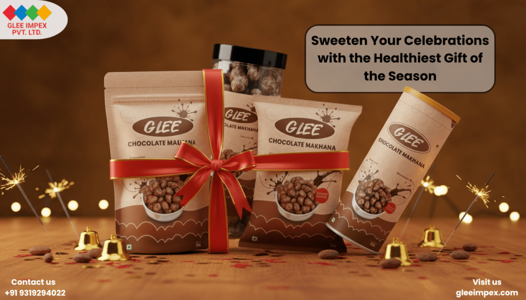 Festive gift hampers of healthy snacks, beautifully wrapped and ready for distribution by a premier Chocolate Makhana Exporter.