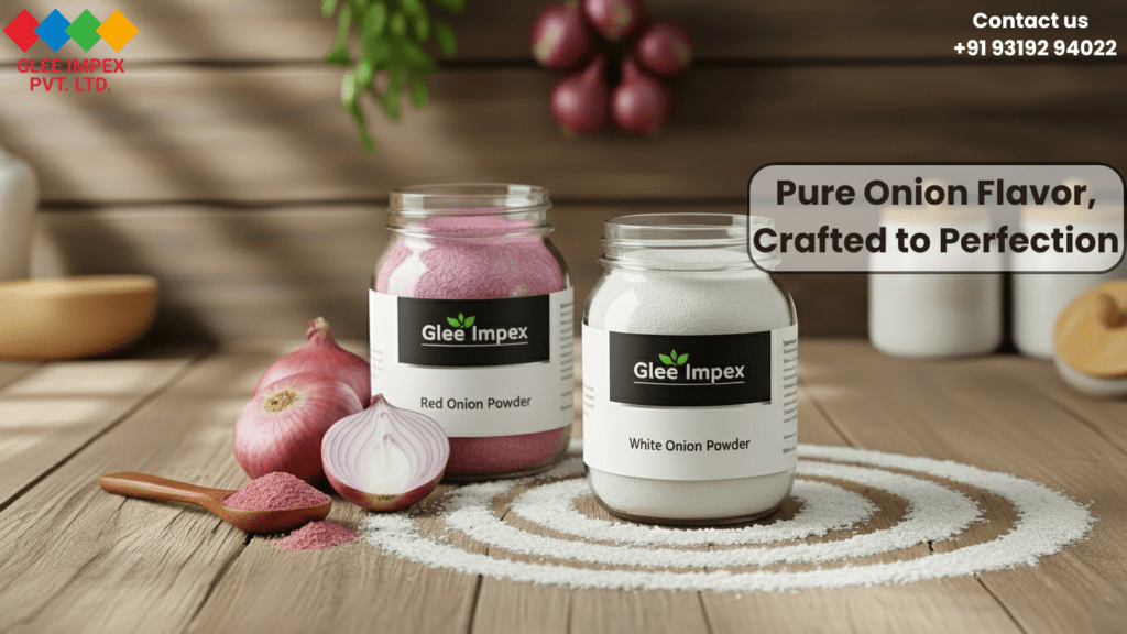 Side-by-side glass jars of pure White and Red Onion Powder on a wooden table, offered by an expert Onion Powder exporter.