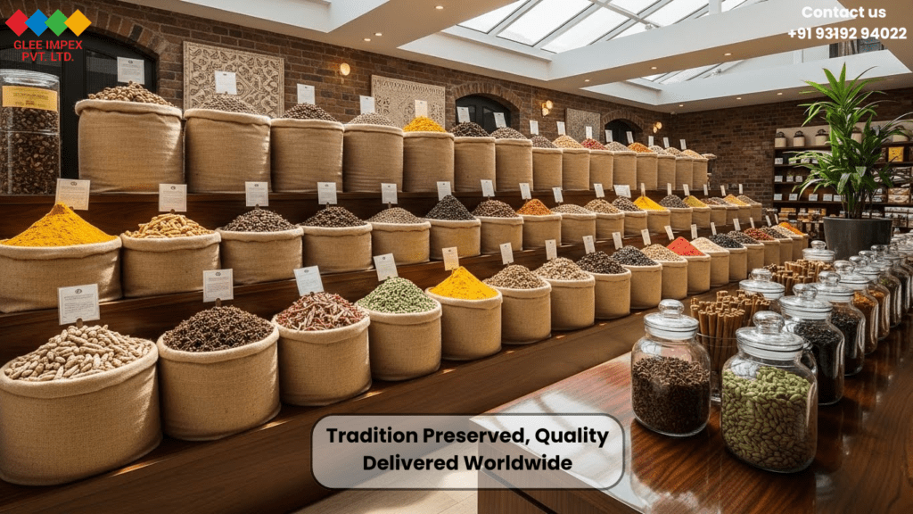 A traditional display of large burlap sacks and glass jars filled with diverse Indian spices, emphasizing the heritage and quality delivered worldwide by this Organic spices exporter.