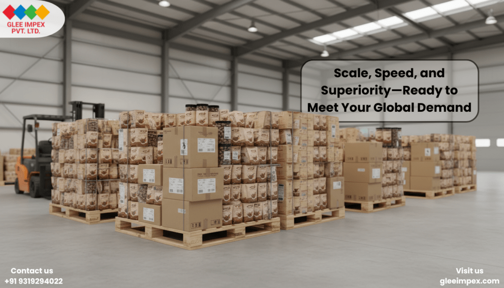 Bulk inventory and palletized shipments ready for global export in the warehouse of an industry-leading Chocolate Makhana Exporter.