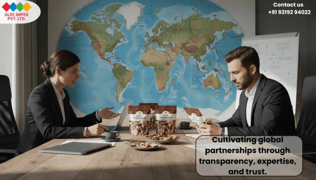 Top Organic Mushroom Exporter in India | Premium Fresh & Dried Mushroom by Glee Impex A professional business meeting between two executives discussing international trade, representing a leading organic mushroom exporter cultivating global partnerships through transparency and expertise.