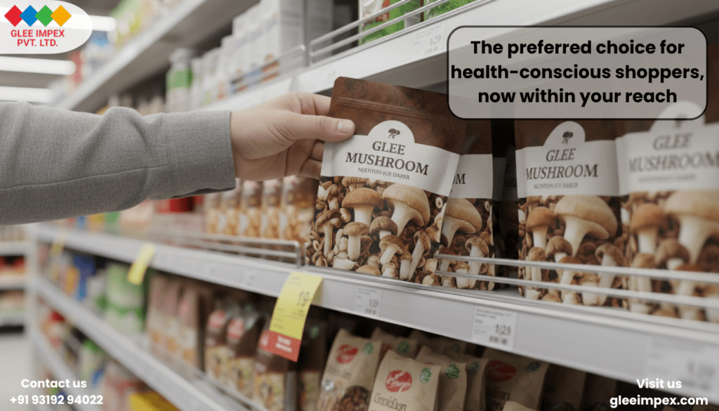 Top Organic Mushroom Exporter in India | Premium Fresh & Dried Mushroom by Glee Impex A shopper reaching for a pack of Glee Mushrooms on a supermarket shelf, showcasing the retail availability of products from a trusted organic mushroom exporter for health-conscious consumers.