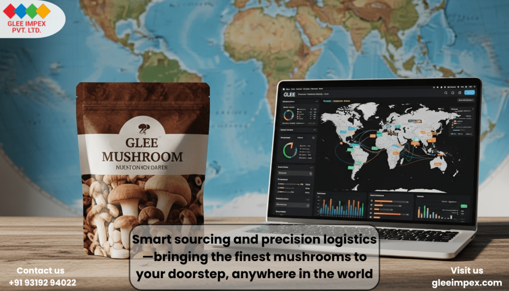 Top Organic Mushroom Exporter in India | Premium Fresh & Dried Mushroom by Glee Impex A digital laptop interface showing global shipping routes and logistics data next to a product pack, illustrating the precision supply chain management of a top-tier organic mushroom exporter.