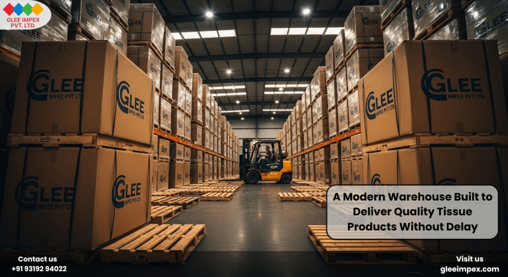 A modern, high-capacity warehouse facility by Glee Impex Pvt Ltd, optimized for the bulk storage and distribution of the best toilet paper and tissue products for global export.