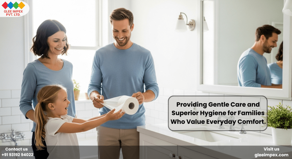 A happy family in a modern bathroom experiencing the gentle care and superior hygiene of the best toilet paper provided by Glee Impex.