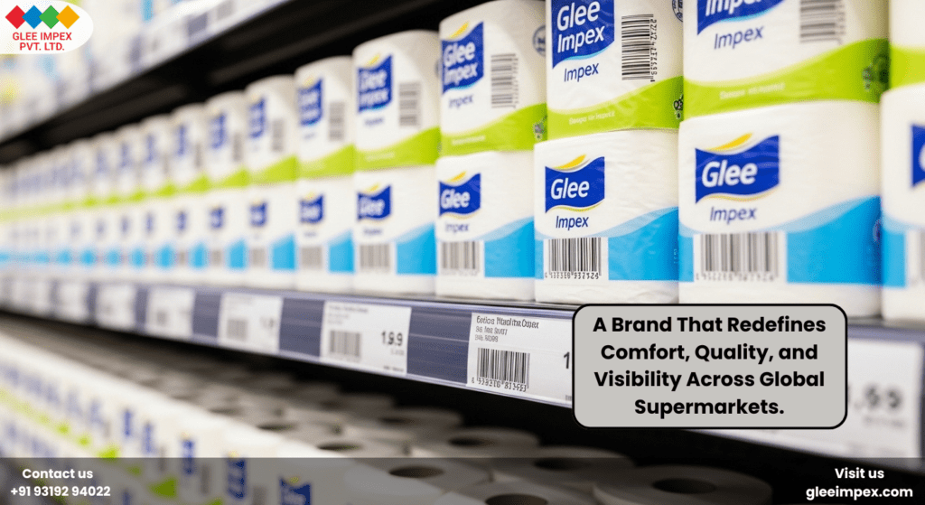 Retail-ready Glee Impex branded products displayed on supermarket shelves, showcasing why it is considered the best toilet paper for visibility and quality in global retail markets.