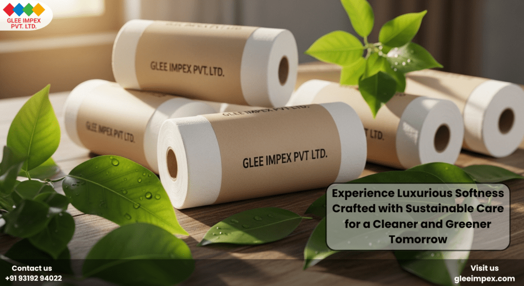 Luxuriously soft and sustainable best toilet paper rolls with eco-friendly brown paper wrapping, highlighting Glee Impex’s commitment to green manufacturing and premium quality.