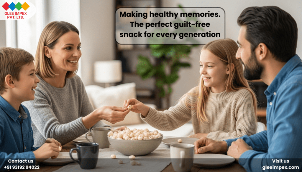 A happy family sitting around a table sharing a bowl of roasted makhana, representing the healthy, guilt-free snacks provided by a trusted lotus seeds supplier.