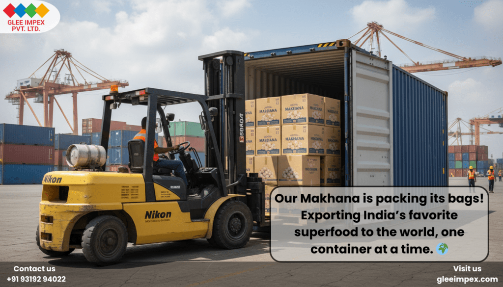 A forklift loading pallets of branded makhana boxes into a shipping container at a port, highlighting the international reach of an Indian lotus seeds supplier.