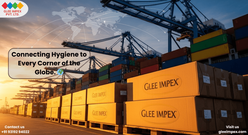 Glee Impex: The Best Tissue Paper exporter in India for Global Trade Shipping containers and pallets of Glee Impex products at a sunset port, representing the global logistics of the best Tissue Paper exporter in India.