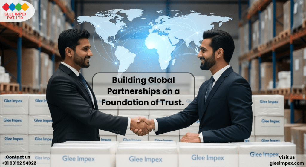 Glee Impex: The Best Tissue Paper exporter in India for Global Trade Two professionals shaking hands in front of Glee Impex products, symbolizing global trade partnerships with the best Tissue Paper exporter in India.