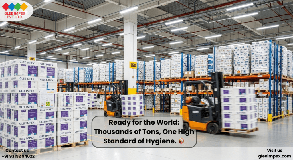 Glee Impex: The Best Tissue Paper exporter in India for Global Trade Modern warehouse interior with forklifts moving large stacks of product at Glee Impex, the best Tissue Paper exporter in India.