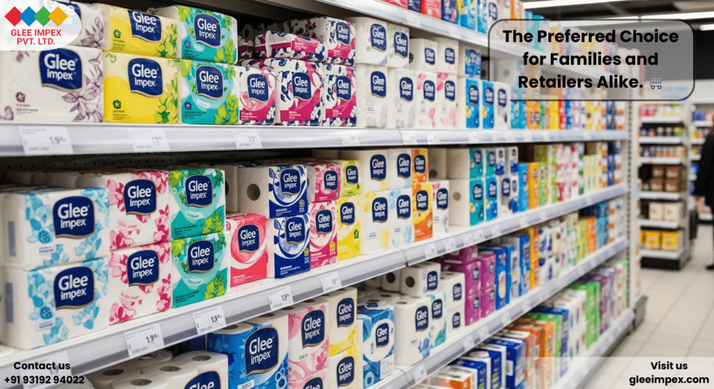 Glee Impex: The Best Tissue Paper exporter in India for Global Trade Glee Impex branded tissue rolls and napkins neatly stocked on supermarket shelves by the best Tissue Paper exporter in India.
