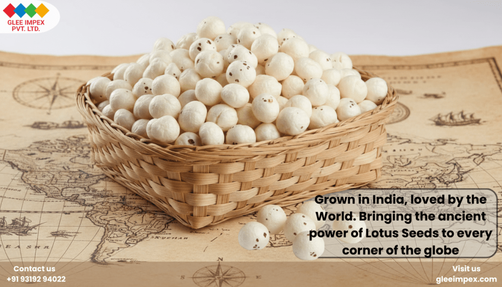 A woven basket overflowing with white makhana placed on top of a vintage world map, symbolizing the global export capabilities of a lotus seeds supplier.