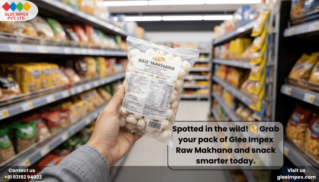 A customer's hand holding a clear retail pack of Glee Impex Raw Makhana in a supermarket aisle, ready for purchase from a leading lotus seeds supplier.