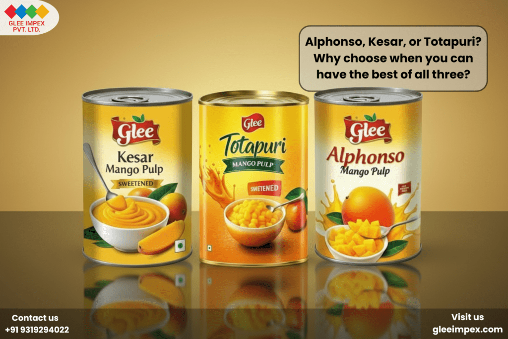 The Global Gold Standard: Why Glee Impex is the Preferred Organic Mango Pulp Exporter for Premium Food Brands Three premium cans of Glee Mango Pulp (Kesar, Totapuri, and Alphonso) showcased on a reflective surface, highlighting the variety offered by a specialized organic mango pulp exporter.