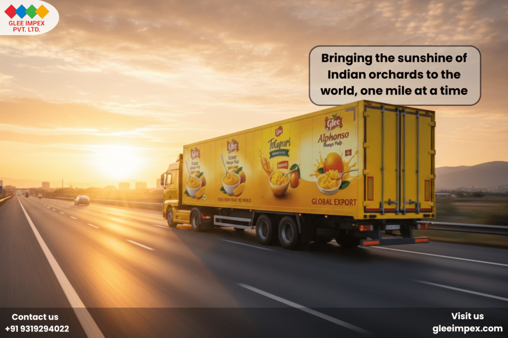 The Global Gold Standard: Why Glee Impex is the Preferred Organic Mango Pulp Exporter for Premium Food Brands A large yellow Glee Impex delivery truck driving on a highway during a bright sunset, symbolizing the global distribution network of an organic mango pulp exporter.
