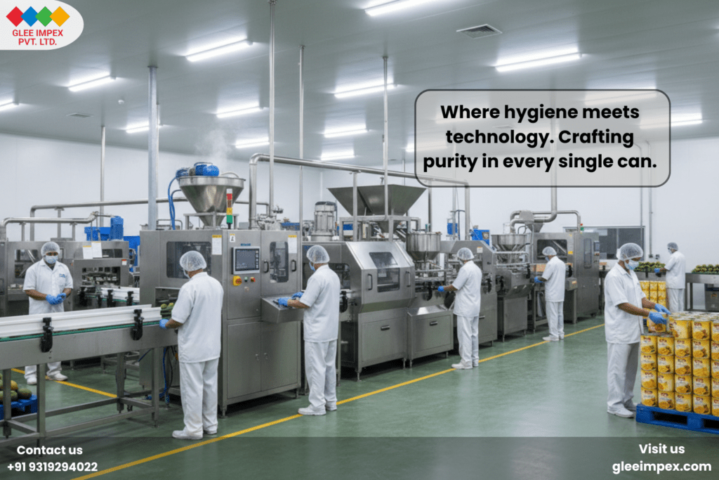 The Global Gold Standard: Why Glee Impex is the Preferred Organic Mango Pulp Exporter for Premium Food Brands A clean, modern food processing facility where professional staff in hygiene gear operate machinery to pack products for an organic mango pulp exporter.