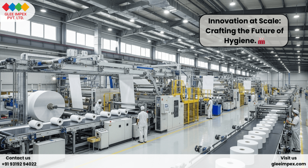 Glee Impex: The Best Tissue Paper exporter in India for Global Trade Large-scale automated production line for high-absorbency rolls at the facility of the best Tissue Paper exporter in India.