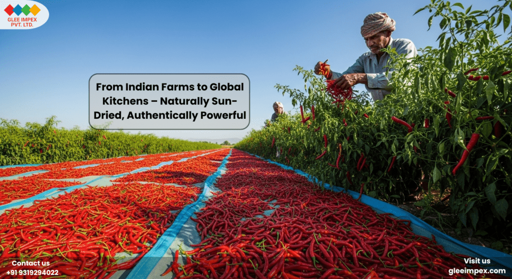 A farmer harvesting vibrant crops in a sun-drenched field for Glee Impex, a leading red chilli exporter in India.