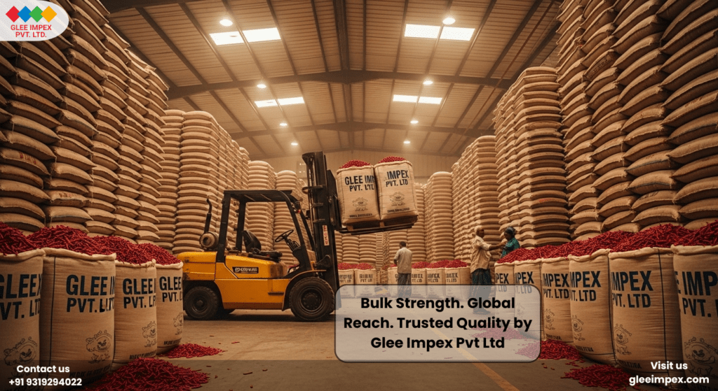 Massive bulk storage warehouse and forklift operations at Glee Impex, the trusted red chilli exporter for global supply chains.