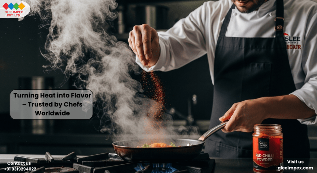 Professional chef using premium spice powder sourced from Glee Impex, an authoritative red chilli exporter for the culinary industry.
