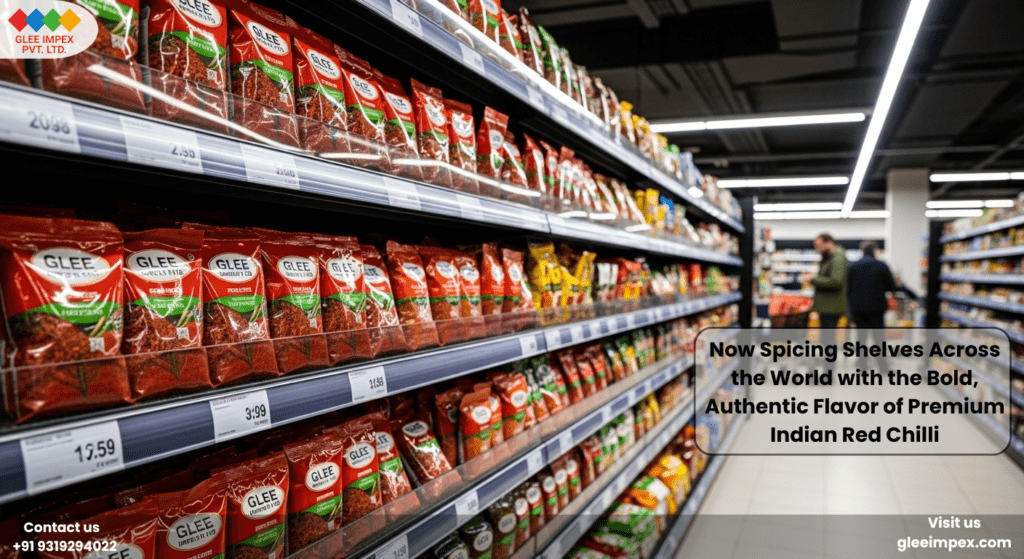 Retail shelves stocked with branded spice packets from Glee Impex, an international red chilli exporter serving global supermarkets.