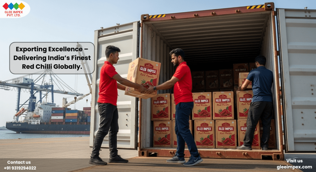 Logistics team loading export-quality cartons into a shipping container at a port, managed by Glee Impex red chilli exporter.