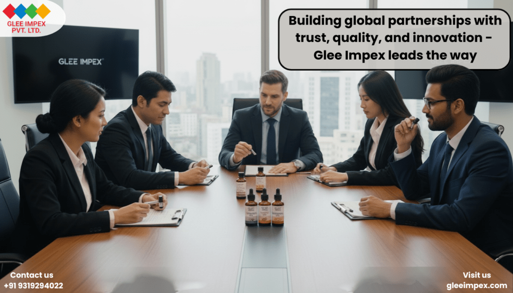 Professional B2B business meeting where global partners discuss bulk procurement with Glee Impex, a trusted essential oil exporter in India.