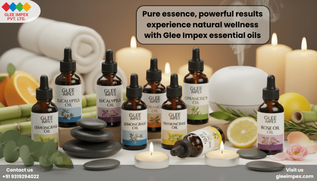 A serene wellness and spa arrangement featuring premium Glee Impex bottles, highlighting the therapeutic grade products offered by an essential oil exporter in India.