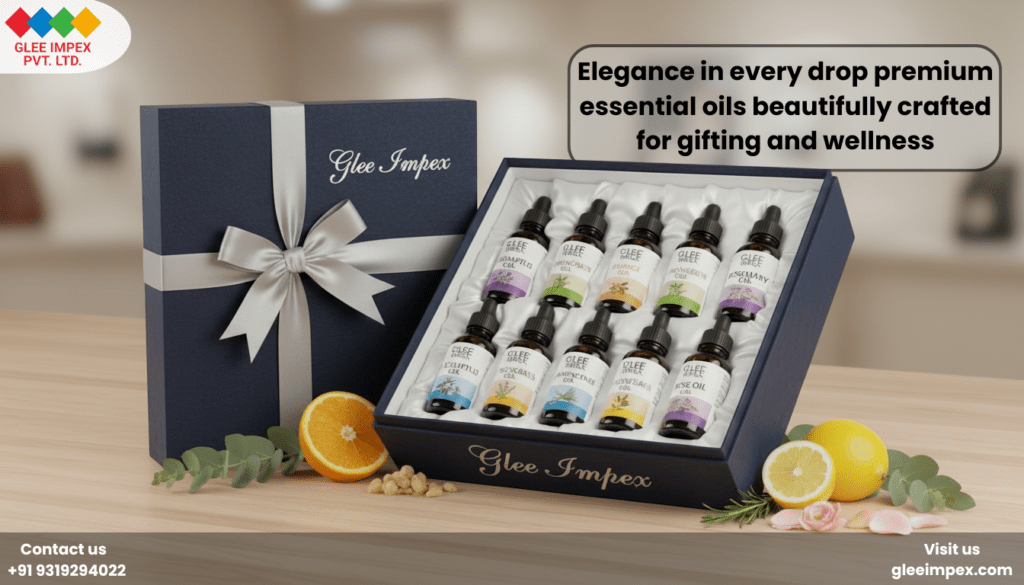 Luxury gift box packaging containing a curated set of pure extracts from Glee Impex, a premier essential oil exporter in India providing high-end retail solutions.