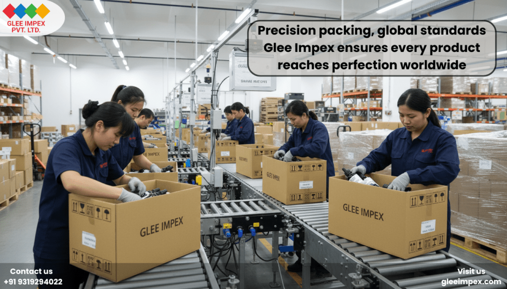 A high-standard industrial packaging facility with workers preparing bulk orders for international shipment from Glee Impex, an essential oil exporter in India.