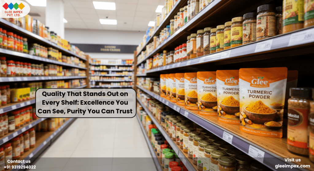 Retail shelf display showing high-quality Glee Impex turmeric powder pouches packaged by a trusted turmeric powder exporter in India.