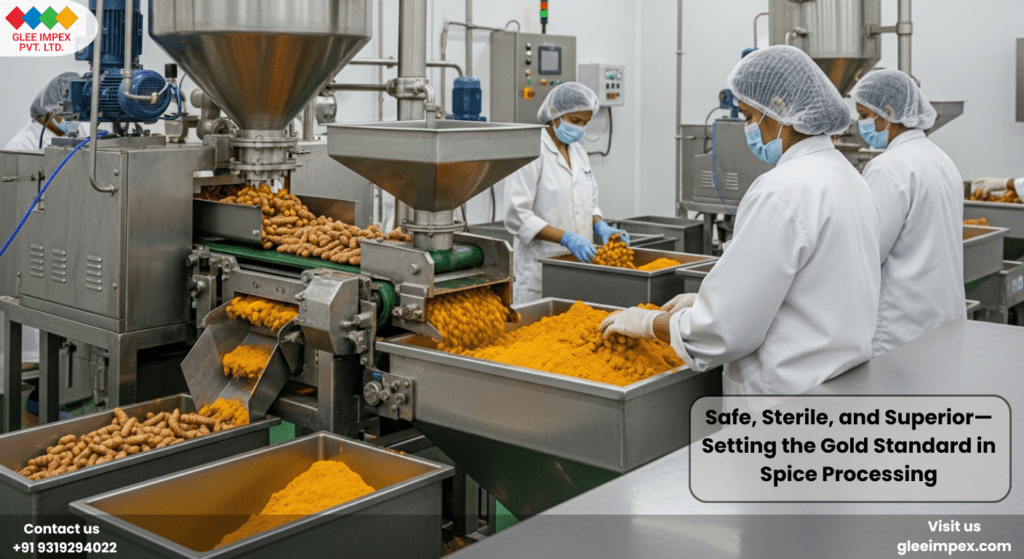 Advanced spice processing plant with staff in hygienic gear ensuring quality control for a premier turmeric powder exporter in India.