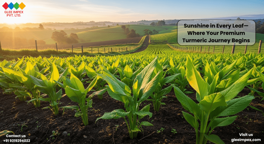 Lush green turmeric plantation under a golden sunrise, managed by a leading turmeric powder exporter in India.