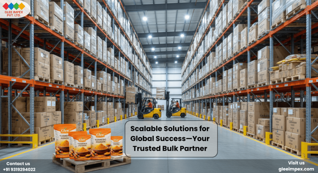 Large-scale warehouse facility with palletized turmeric stock ready for global shipping by a bulk turmeric powder exporter in India.