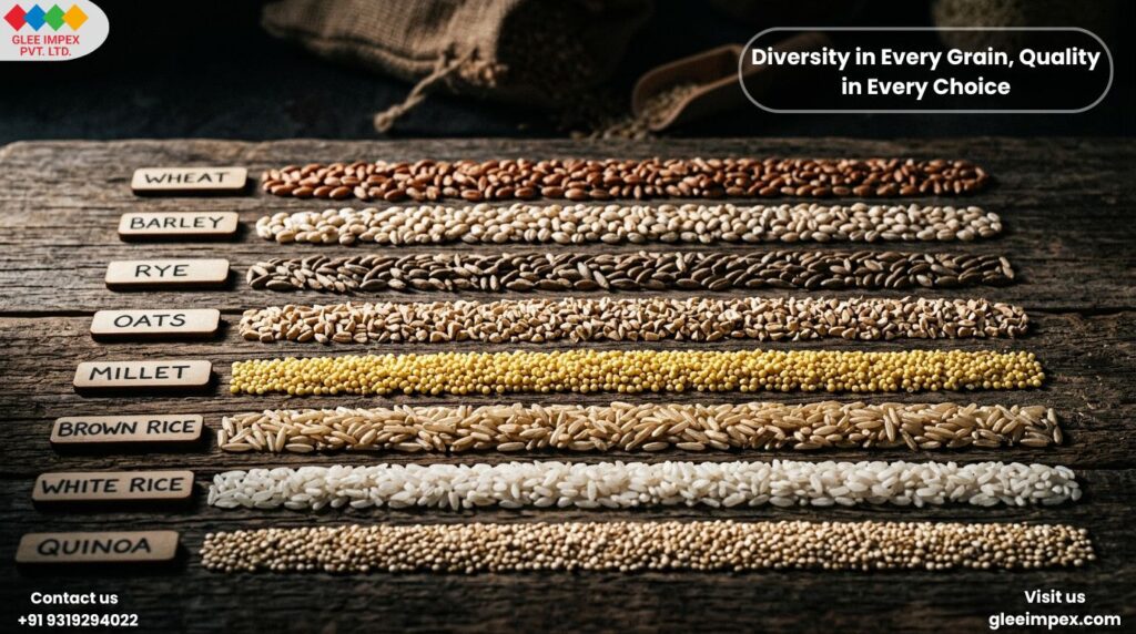 A diverse variety of agricultural products showcased by a leading grains exporter in India, including wheat, barley, rye, oats, millet, and rice arranged on a rustic wooden surface.