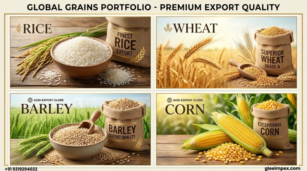 A premium product portfolio featuring high-quality rice, wheat, barley, and corn sourced and processed by a professional grains exporter in India.