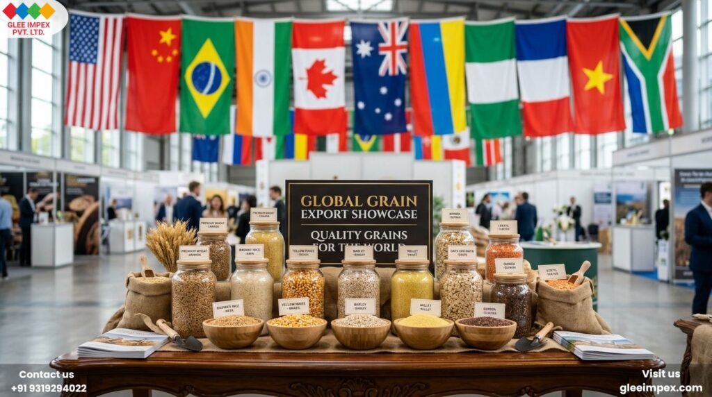 A global grain export showcase featuring various grains in glass jars under international flags, demonstrating the worldwide distribution capabilities of a grains exporter in India.