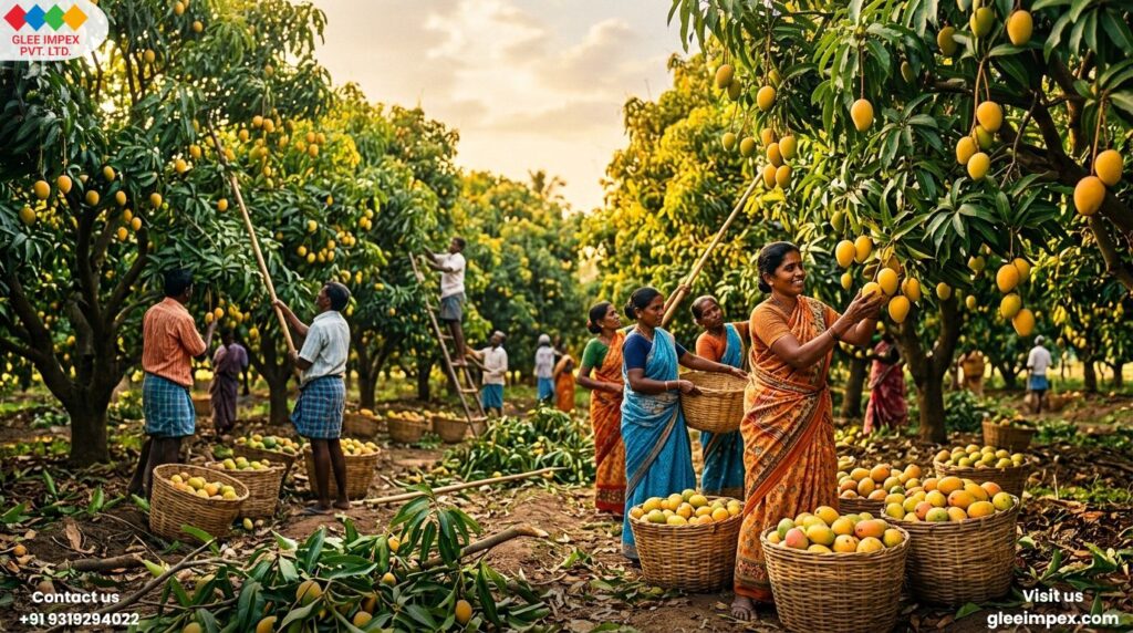 Workers hand-picking fresh mangoes in a lush Indian orchard for Glee Impex, a leading mango pulp exporter in India ensuring high-quality sourcing.