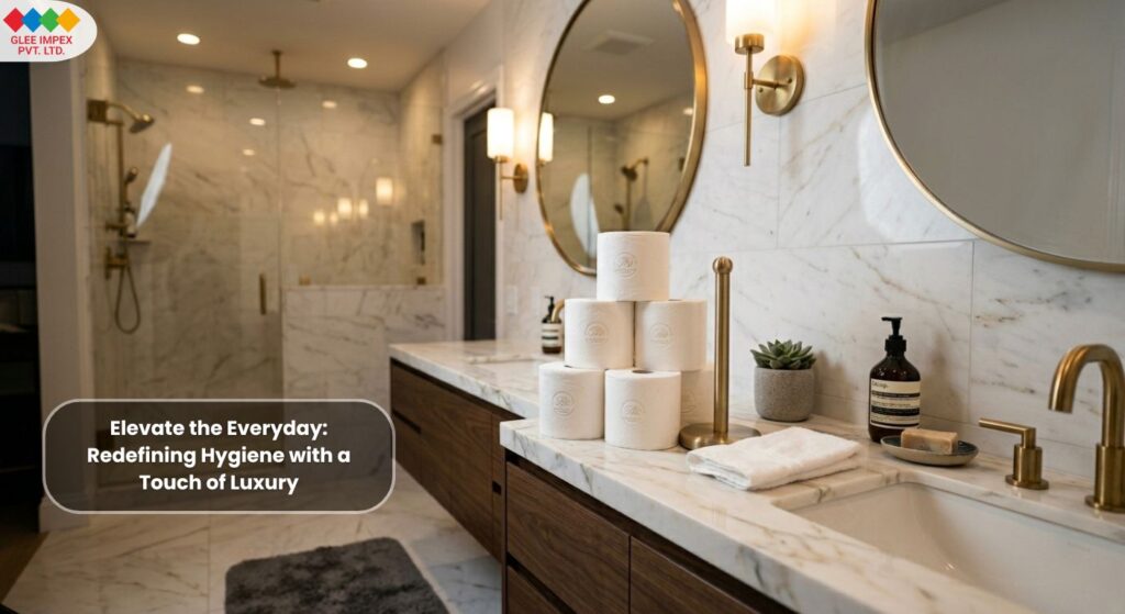 Premium soft toilet rolls displayed in a modern marble bathroom, highlighting the luxury product range offered by Glee Impex, a top tissue paper exporter in India.