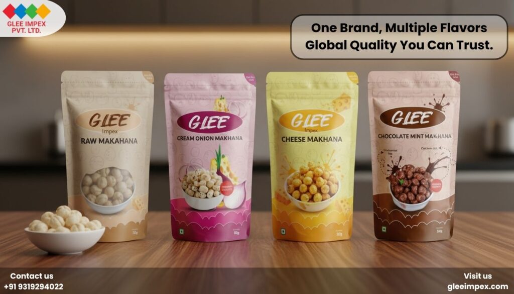 Diverse flavored fox nuts offered by Glee Impex, a premium Makhana exporter in India with custom labeling options.