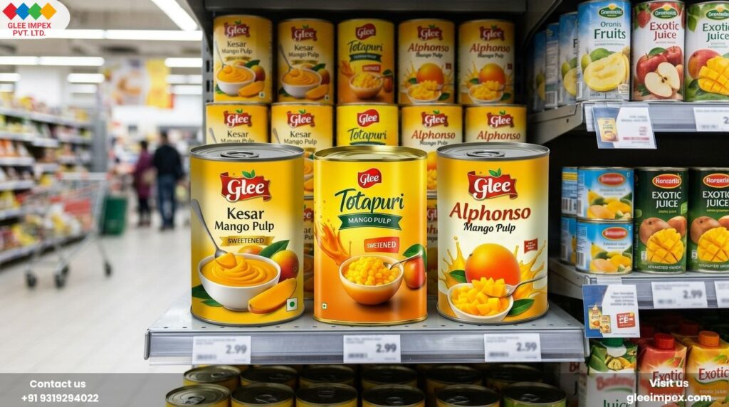 Canned Alphonso, Kesar, and Totapuri mango pulp by Glee Impex displayed on a supermarket shelf, illustrating the retail reach of a mango pulp exporter in India.