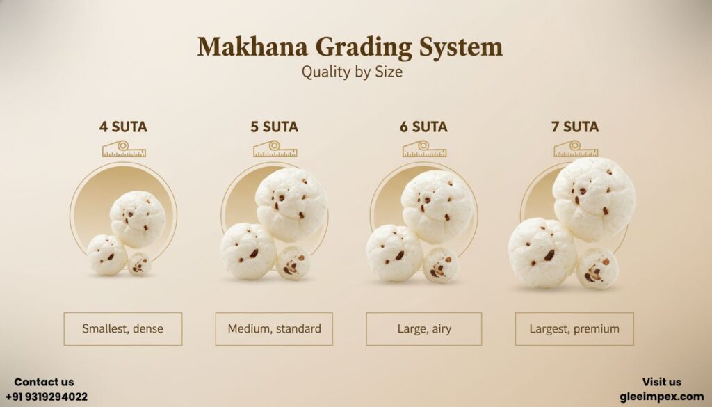 Technical grading system by Glee Impex, a professional Makhana exporter in India, showcasing sizes from 4 to 7 Suta.